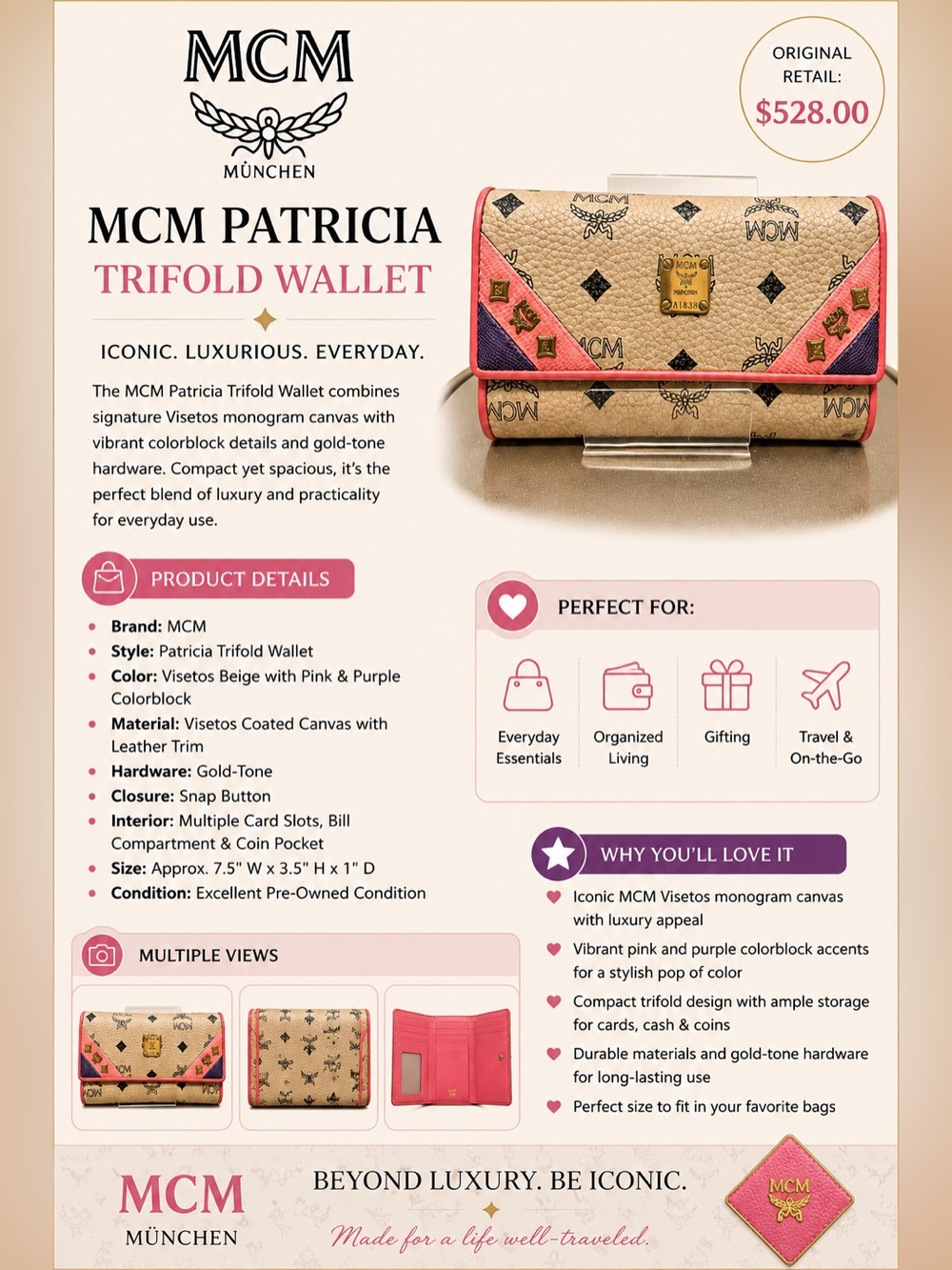 MCM Patricia Trifold Wallet in Visetos Beige with Pink & Purple Trim